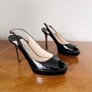 Jimmy Choo • Nova 100 slingback peep toe heels nude patent leather stiletto